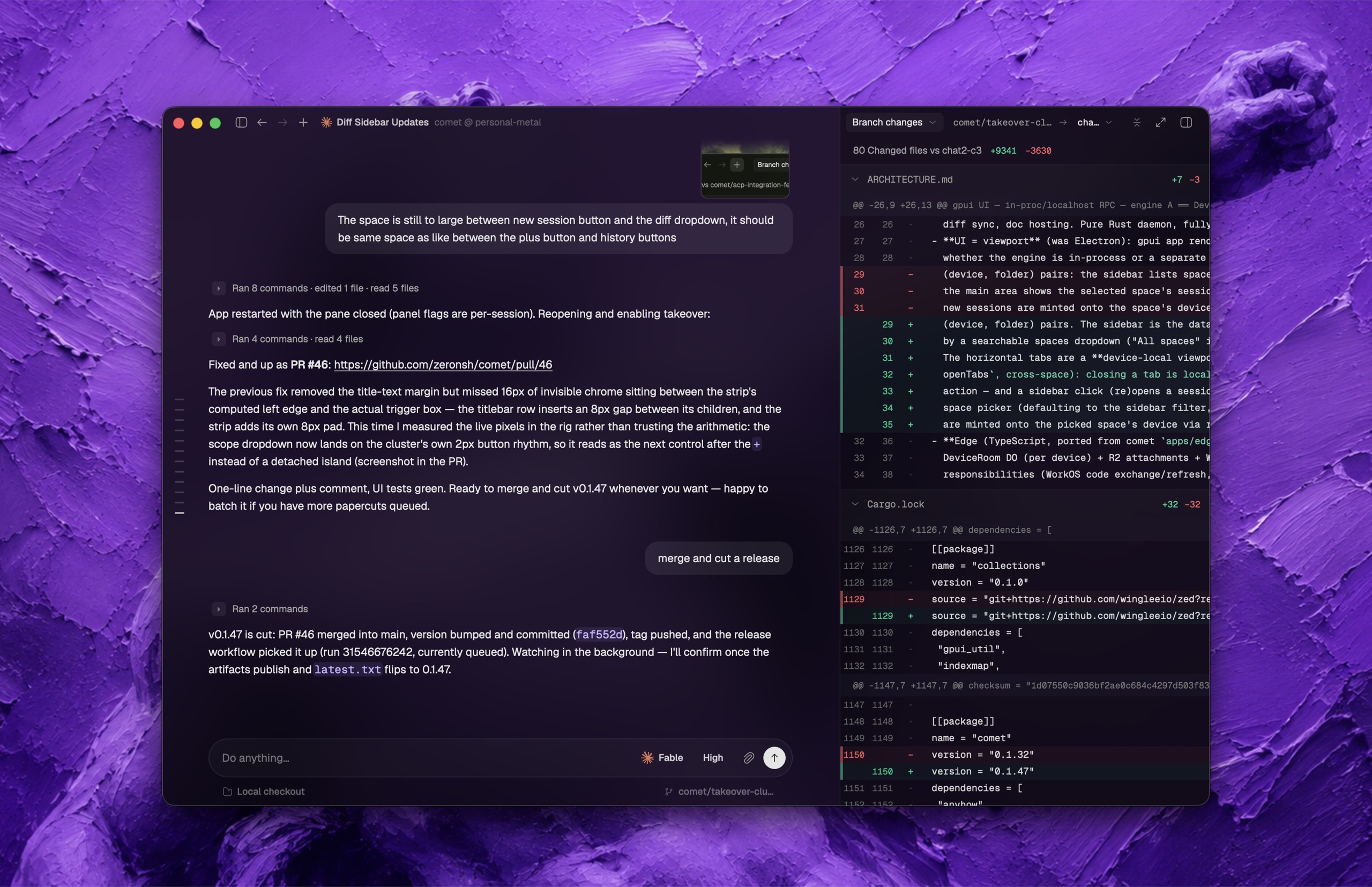 Orbit driving a Claude Code session with a live branch diff sidebar