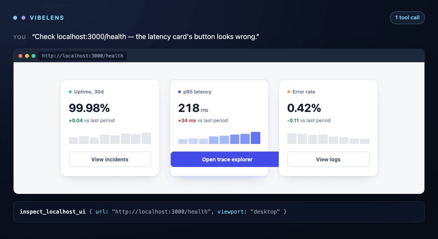 VibeLens capturing a dashboard where a button overflows its card, reading the offending classes out of the DOM, and re-capturing to confirm the fix